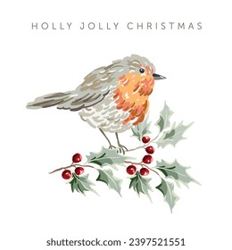 Christmas greeting card with robin bird, white background. Holly twigs with red berries. Vector illustration. Forest nature. Poster design template. Winter Xmas holidays