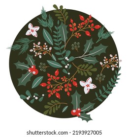 Christmas greeting card round composition of festive winter berries, plants and Christmas tree decorations