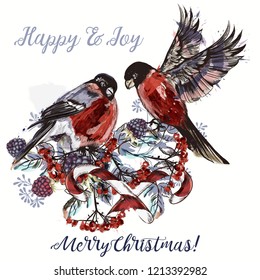 Christmas greeting card with rowan, berries and birds