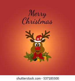 Christmas Greeting Card with Rudolph reindeer. Vector illustration. Deer with fire branches and red bows.