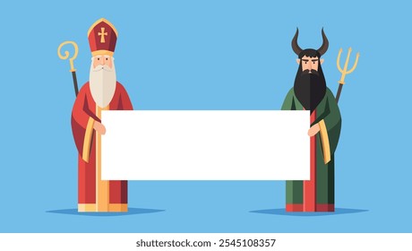 Christmas, greeting card. Saint Nicholas with devil holding blank poster, web banner. Winter season blue background. Flat design, vector illustration. European Czech, German or Dutch tradition holiday