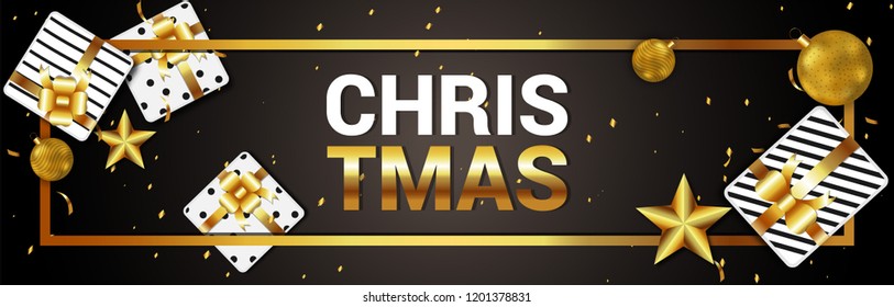 Christmas Greeting Card & Sale banner or header. Merry Christmas typography, beautiful  shiny background &vector illustration, with  gift box and golden snowflakes & Grass