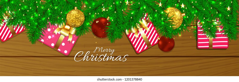 Christmas Greeting Card & Sale banner or header. Merry Christmas typography, beautiful  shiny background &vector illustration, with  gift box and golden snowflakes & Grass