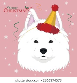 Christmas greeting card. Samoyed dog wearing a party hat