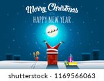Christmas greeting card - Santa claus stuck in the Chimney on roof at winter night