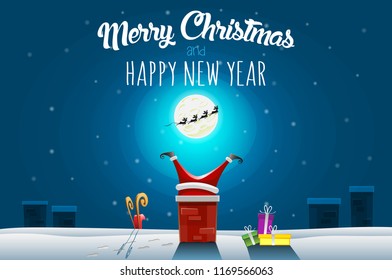 Christmas greeting card - Santa claus stuck in the Chimney on roof at winter night