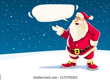 Christmas Greeting Card with Santa Claus speaking with message cloud. Cartoon character on winter snow background. EPS10 vector illustration.