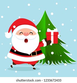 Christmas Greeting Card with Christmas Santa Claus and Christmas tree. Vector illustration.