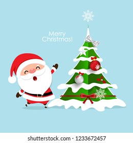Christmas Greeting Card with Christmas Santa Claus and Christmas tree. Vector illustration.