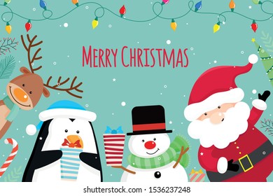 Christmas Greeting Card with Christmas Santa Claus ,Snowman and reindeer. Vector illustration