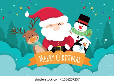 Christmas Greeting Card with Christmas Santa Claus ,Snowman and reindeer. Vector illustration