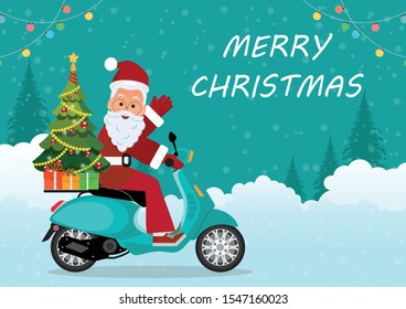 Christmas greeting card with christmas santa claus riding a motorcycle, Christmas and new year decoration Vector illustration.