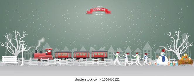 Christmas Greeting Card with Santa Claus driving Vintage Transportation Train in winter season,Merry Christmas and Happy new year concept.paper craft style vector.