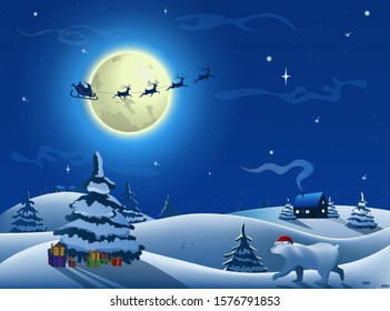 Christmas greeting card.  Santa Claus in a sleigh with reindeers flies on the background of the Moon and stars. White bear in Christmas hat walks towards the Christmas tree to pick up gifts, presents.