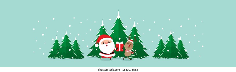 Christmas Greeting Card with Christmas Santa Claus and reindeer. Vector illustration.