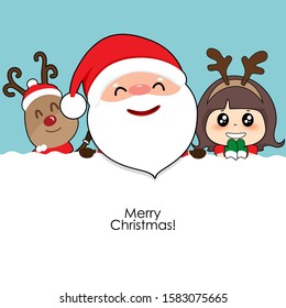 Christmas Greeting Card with Christmas Santa Claus, reindeer and cute girl. Vector illustration.