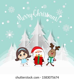Christmas Greeting Card with Christmas Santa Claus, reindeer and cute girl. Vector illustration.