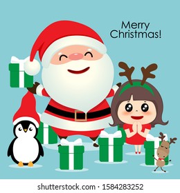 Christmas Greeting Card with Christmas Santa Claus, Penguin, reindeer and cute girl. Vector illustration.