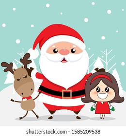 Christmas Greeting Card with Christmas Santa Claus, reindeer and cute girl. Vector illustration.