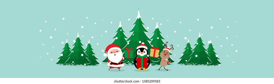 Christmas Greeting Card with Christmas Santa Claus ,Penguin and reindeer. Vector illustration.