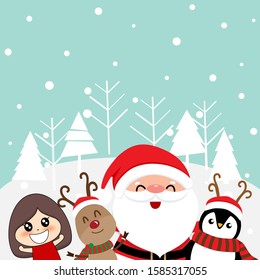 Christmas Greeting Card with Christmas Santa Claus, Penguin, reindeer and cute girl. Vector illustration.