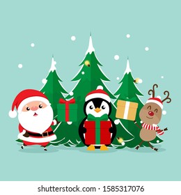 Christmas Greeting Card with Christmas Santa Claus ,Penguin and reindeer. Vector illustration.