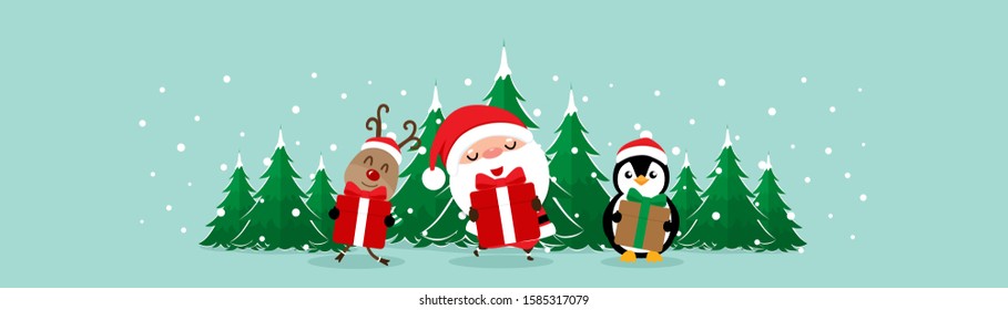 Christmas Greeting Card with Christmas Santa Claus ,Penguin and reindeer. Vector illustration.