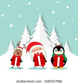 Christmas Greeting Card with Christmas Santa Claus ,Penguin and reindeer. Vector illustration.