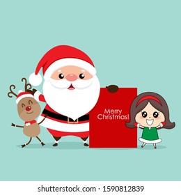 Christmas Greeting Card with Christmas Santa Claus, reindeer and cute girl. Vector illustration.