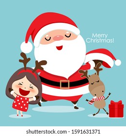 Christmas Greeting Card with Christmas Santa Claus, reindeer and cute girl. Vector illustration.
