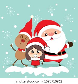 Christmas Greeting Card with Christmas Santa Claus, reindeer and cute girl. Vector illustration.