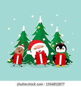 Christmas Greeting Card with Christmas Santa Claus ,Penguin and reindeer. Vector illustration.