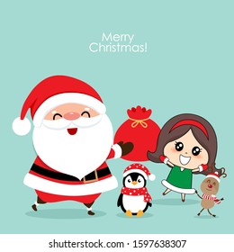 Christmas Greeting Card with Christmas Santa Claus, Penguin, reindeer and cute girl. Vector illustration.