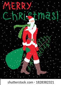 Christmas greeting card of Santa Claus walking with fir tree and gifts bag