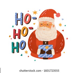 Christmas greeting card with santa claus holding present. Xmas winter composition with ho ho ho inscription and cheerful character with giftbox. Vector flat cartoon illustration isolated on white.