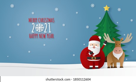 Christmas greeting card. Santa claus, moose and christmas tree in night time with snowfall. Vector illustration