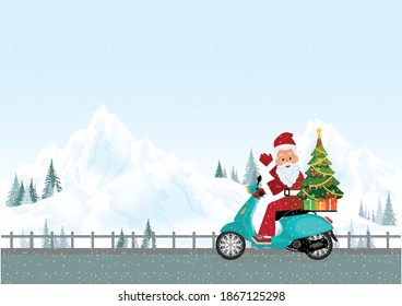 Christmas greeting card with christmas santa claus riding a motorcycle on road in winter, Christmas and new year decoration Vector illustration.