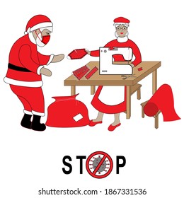 Christmas greeting card. Santa Claus and missis Claus are at home. Mrs. Claus is sewing red medical face masks and give it to Santa. Stop COVID-19!