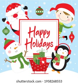 christmas greeting card with santa claus, snowman, penguin and elf design