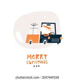 Christmas greeting card with Santa Claus drives a car. Vector illustration