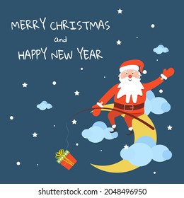 Christmas greeting card with Santa Claus. Vector flat cartoon. Merry Christmas and happy new year vector postcard.