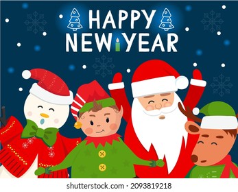 Christmas greeting card with Santa Claus, reindeer, snowman and elf. Cute holiday cartoon character vector. Happy New Year.