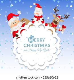 Christmas greeting card with Santa Claus and reindeer and a snowman