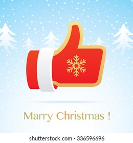 Christmas greeting card, with santa claus thumbs up icon and winter background.