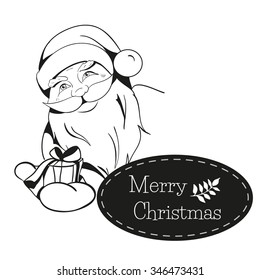 Christmas greeting card with Santa Claus hands you a gift. black and white illustration