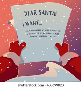 Christmas Greeting Card. Santa Claus Is Holding In His Hands Reading A Letter Christmas Wishlist   From The Children's Desires. Vector Cartoon Illustration Background With Santa Wish List