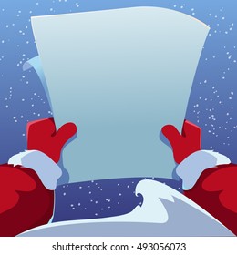 Christmas Greeting Card. Santa Claus Is Holding In His Hands Reading A Letter Christmas Wish List Empty Form Sheet. Vector Cartoon Illustration Background With Santa Wish List