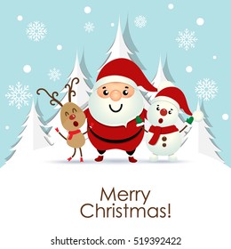 Christmas Greeting Card with Christmas Santa Claus ,Snowman and reindeer. Vector illustration