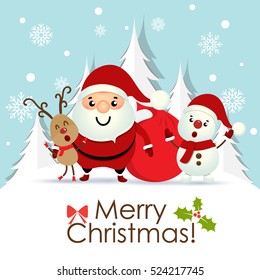 Christmas Greeting Card with Christmas Santa Claus ,Snowman and reindeer. Vector illustration