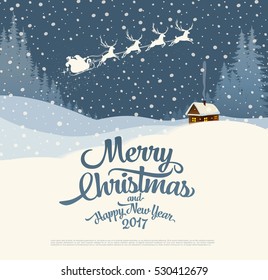 Christmas greeting card with Santa Claus riding in a sleigh in reindeer